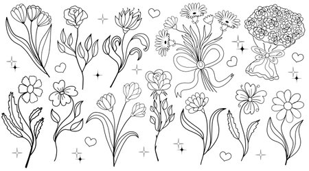 Flower collection with leaves, floral bouquets. Happy Easter flowers. Valentines Day Romance Set isolated on white backgroundのイラスト素材