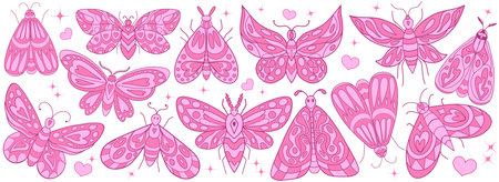 Butterflies pink vector set. cute moth butterfly. Collection of vintage elegant illustrations of butterflies. Monochrome Insect black winged gorgeous vector illustrationのイラスト素材