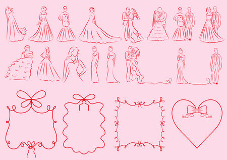 Whimsical coquette Wedding red and pink line set. Single one line drawing happy cute married man and woman. Bridal an groom. Modern graphic design. Vector illustration.のイラスト素材