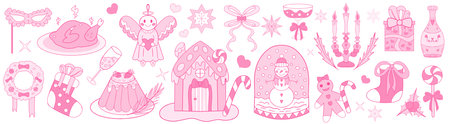 Pink girly coquette christmas set. Merry christmas and happy new year Lovely cute collection, christmas tree decorations with bows, pink ribbon. Vector illustration.のイラスト素材
