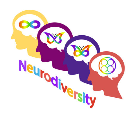 Neurodiversity, autism, ADHD, AuADHD and dyslexia. Differences in personality characteristics. An inclusive, understanding society. Vector illustration.のイラスト素材