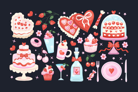Set of Valentines Day sweets in coquette rococo style. Heart-shaped cakes, cupcakes, milkshakes, candies, cherries, and romantic drinks in juicy cartoon style. Vector illustrationのイラスト素材