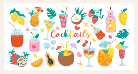 Tropical summer set with cocktails, exotic fruits, ice cubes in flat colorful style perfect for beach bars, menus, party decor, packaging and summer designs. Vector illustration.のイラスト素材