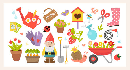 Gardening and Spring set, hand drawn flat elements flowers, houses, birds, insect and gnome. Vector illustrationのイラスト素材