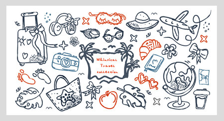 Whimsical Travel Collection hand drawn vector set with cute travel elements, summer vacation doodles and holiday items. Perfect for stickers, maps, planning, prints, and fun designsのイラスト素材