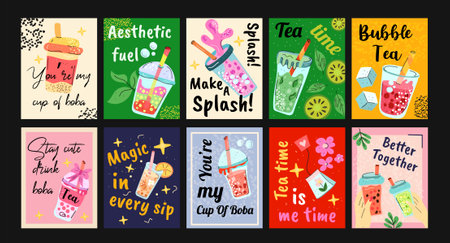 Bubble Tea Postcards a cute and colorful set of hand-drawn bubble tea postcards with fun quotes and vibrant summer vibes, perfect for prints, gifts, stationery and decor.のイラスト素材