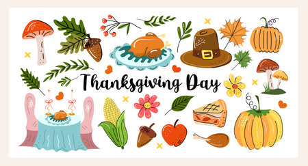 Thanksgiving Day hand drawn vector set with turkey, pumpkin pie, harvest food, mushrooms, leaves and cozy doodles. Perfect for cards, prints, stickers and autumn celebration decor.のイラスト素材