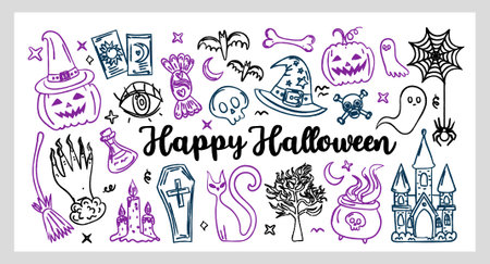 Whimsical Halloween line art set hand drawn in chalk and charcoal style with pumpkins, ghosts, bats, potions, spooky doodles and magical symbols.のイラスト素材