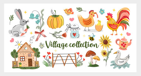 illage Collection hand drawn vector set with farm animals, sunflowers, vegetables, mushrooms, cozy house and cute countryside doodles. Perfect for prints, kids design, stickers and decorのイラスト素材