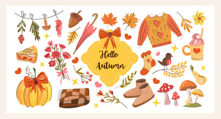 Hello Autumn hand drawn vector set with cozy fall clothes tea pumpkin pie leaves mushrooms and walking mood Perfect for seasonal prints stickers cards and autumn lifestyle design.のイラスト素材