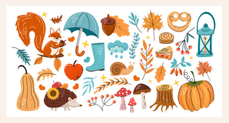 Autumn vector elements set. Cozy fall stickers. Leaves, pumpkins, umbrella, hedgehog. The inscription hello fall. Isolated background. Illustration in the hand drawn style.のイラスト素材