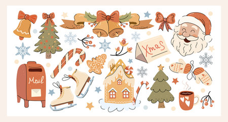 Christmas set of graphic elements, hand drawn retro style - cute objects, Santa Claus, Christmas tree, gift boxes, baubles and other elements. Vector illustration.のイラスト素材
