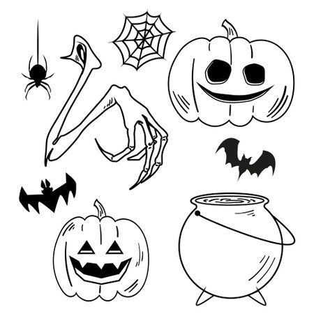 Happy Halloween text vector illustration. Pumpkin and hats. Halloween Party Frame Vector for poster, banner, invitation card.のイラスト素材