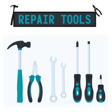 Repair tools vector illustration. Hammer, screwdriver, pliers, spanner.のイラスト素材