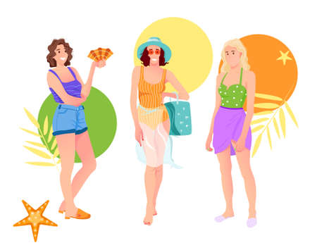 Hot summer, swimwear, vector fashion female characters. Summer holiday.のイラスト素材