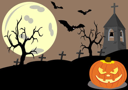 Halloween night on spooky belfry, bats, pumpkin sceneのイラスト素材