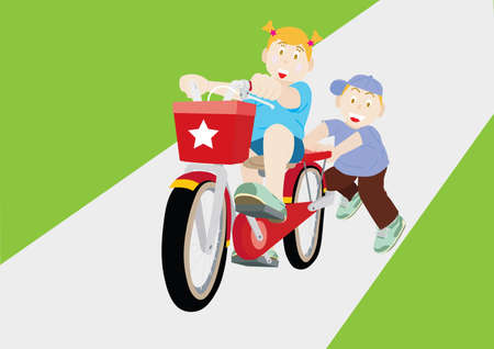 Younger brother teaches elder sister to ride the bicycleのイラスト素材