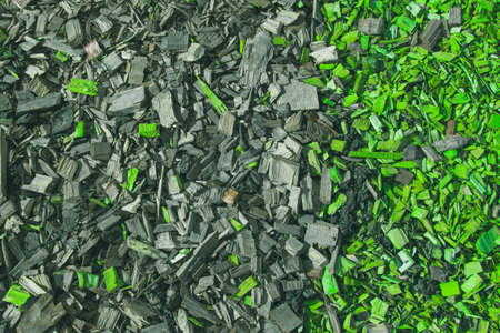 Painted decorative green wood shavings. Colorful summer and autumn background