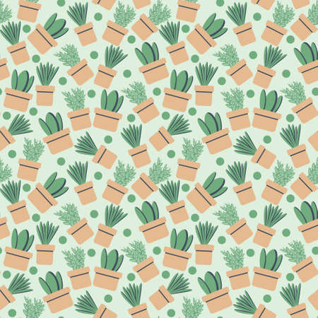 Pattern of indoor plants and flowers in pots. Flat style vector illustration on light background...