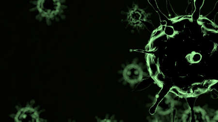 Black 3D rendering on black background outbreak of coronavirus and flu background dangerous concept...