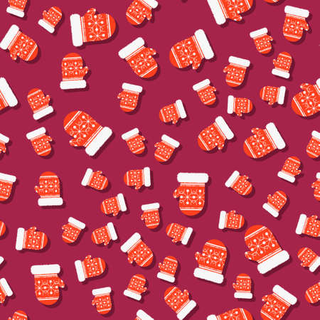 Patern red christmas mitten on red background. New Years holiday template suitable for posters, cards, fabrics or wrapping paperのイラスト素材