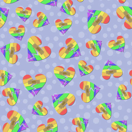 Seamless vector pattern with rainbow LGBT broken heart with plaster on blue background. Pride flag color illustrationのイラスト素材