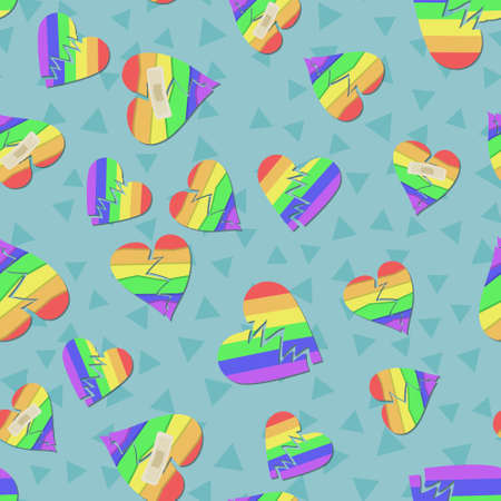 Seamless vector pattern with rainbow LGBT broken heart on turquoise background. Pride flag color illustrationのイラスト素材