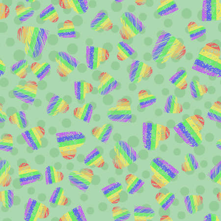 Seamless vector pattern with rainbow LGBT hearts shaded lines on green background. Pride flag color...