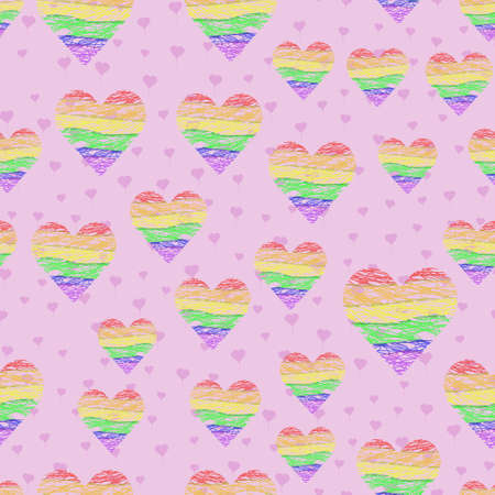 Seamless vector pattern with rainbow LGBT hearts shaded lines on pink background. Pride flag color...