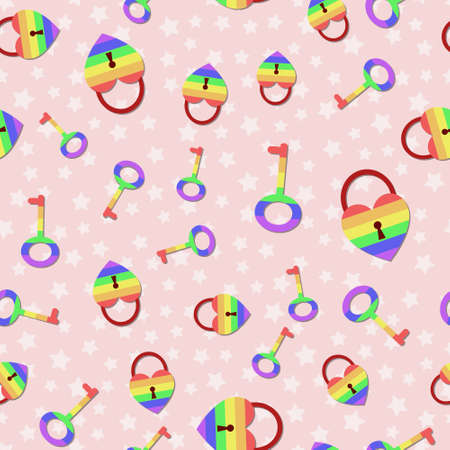 lock and key seamless vector pattern with rainbow LGBT hearts on pink background. Pride flag color illustrationのイラスト素材
