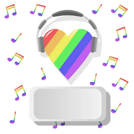 Headphones with heart copy space. Vector. Icon with colors of LGBT flag isolated on white background.のイラスト素材