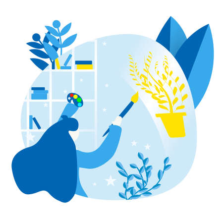 Girl the artist at the easel paints flowers with a palette and brushes. Art studio, open art classes, contemporary art gallery concept. Bright blue vector isolated illustrationのイラスト素材