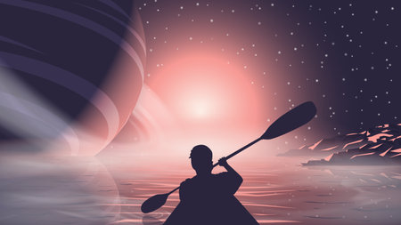 Silhouette of a man with oars floats in a boat on the water against the background of the sun, space and planetsのイラスト素材