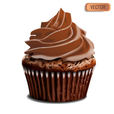 Chocolate cupcake, delicious creamy muffin realistic vector illustration. 3d muffin chocolate bake dessert isolated object on white backgroundのイラスト素材