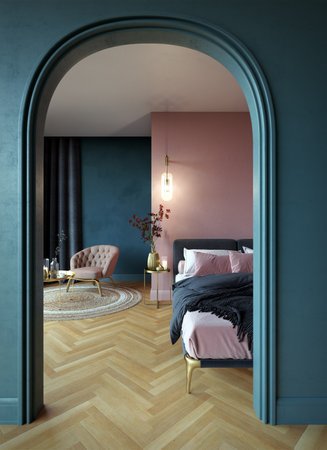 Pink and blue room with an arch at the entrance, parquet floor, a pink armchair, a bed, a gold bedside table and a red plantの写真素材