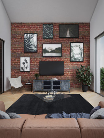 Industrial loft with a brick wall covered with paintings, parquet, modern furniture including a leather sofa and plantsの写真素材