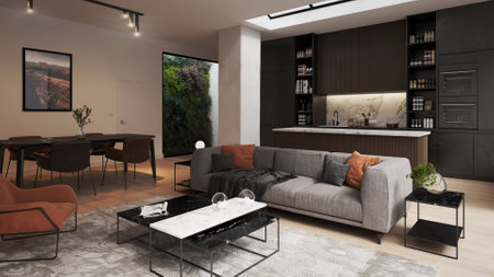 Living room in a modern apartment with kitchen, a living room, a dining room and plantsの写真素材