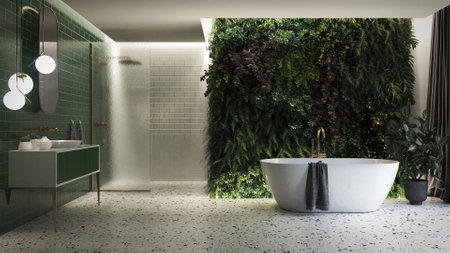 Green and white bathroom with a green wall, terrazzo floor, green and white tiled walls a shower, a bathtubの写真素材
