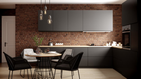 Modern and minimalist black kitchen with brick wall, table, chairs and parquet floorの写真素材