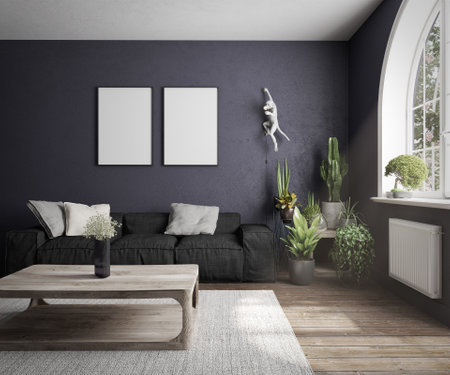 Profile view of a blue living room with a gray sofa, a parquet floor, a window with a bonsai and many plants including a cactusの写真素材