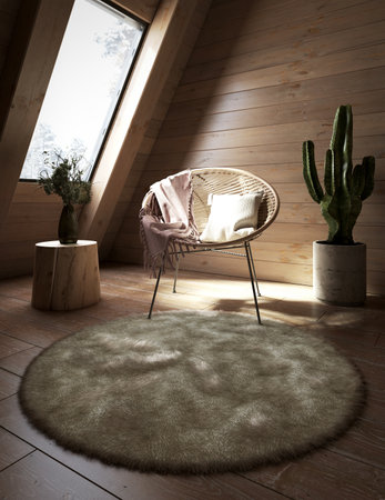 Room under a roof only made of wood, an armchair, a bouquet of flowers, a cactus, a carpet and parquet floorの写真素材