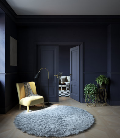 Classic navy blue entrance with yellow armchair, plants, carpet and living room in backgroundの写真素材