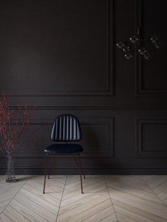 Living room with a black wall, moldings, a black leather chair, a suspension, a plant in a glass jar and parquetの写真素材