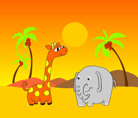 Giraffe and elephant in desert. Giraffe and elephant and background are grouped and layered separately.のイラスト素材