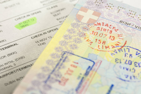 passport with visa stamps with eticketの写真素材