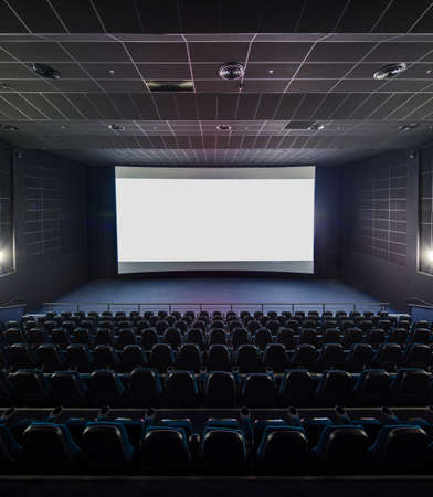 Interior of the modern theater. Front picture on a blank white screen, part of the viewer.のeditorial素材