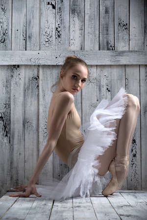 Studio shot, young graceful ballerina. Dancer standing on his toes.の写真素材