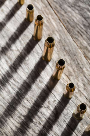 Number of different-sized sleeves hunted on a wooden textured background. Top view.の写真素材