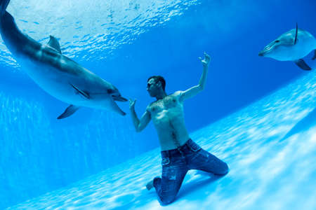 Men and two dolphin fooling around on the bottom of the dolphinariumの写真素材