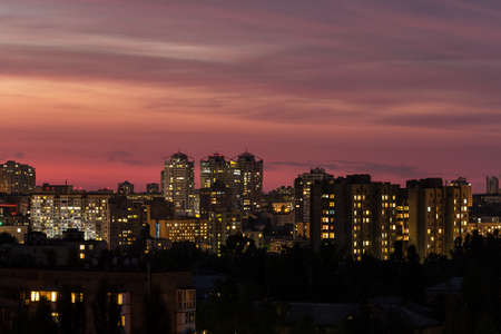 Night view of Kiev. Colorful sunset with beautiful clouds. Ukraine.の写真素材